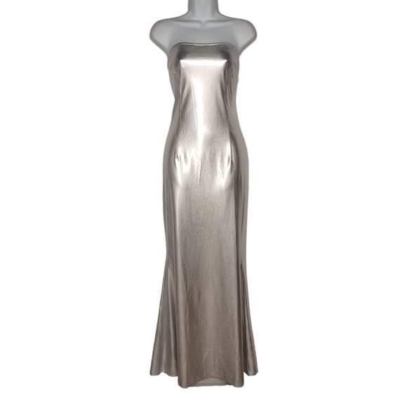 PRETTY LITTLE THING Metallic Silver Slinky Bandeau Stretchy Maxi Dress 10 NWT - Picture 10 of 12